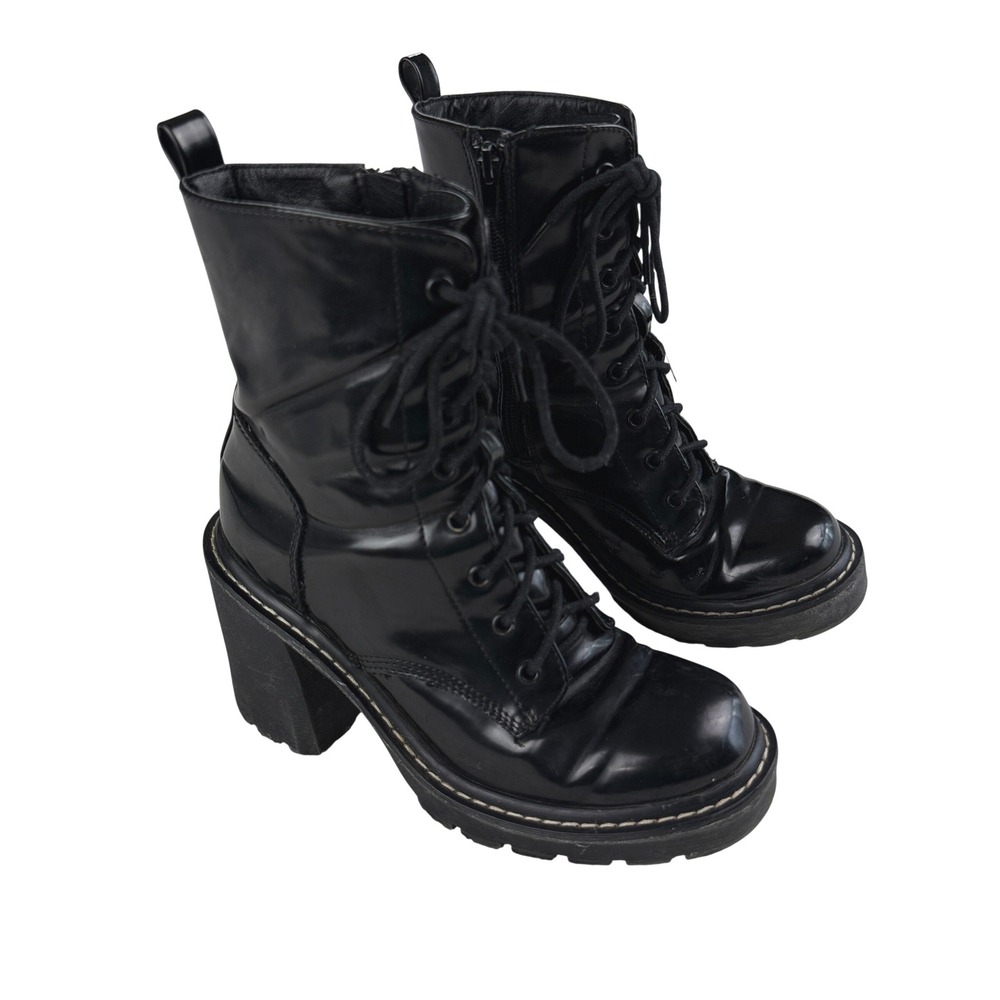 Madden Girl Black Faux Patent Platform Combat Boot Womens 7.5 Lace Up Goth Punk